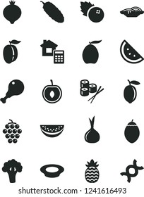 Solid Black Vector Icon Set - estimate vector, slices of onion, a plate milk, chicken leg, cucumber, sushi set, blueberries, orange slice, large grape, medlar, loquat, water melon, ripe plum, lemon