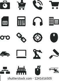 Solid Black Vector Icon Set - spectacles vector, calculator, new roller, city block, camera, flowchart, put in cart, industrial factory, retro car, robot welder, SIM card, shopping, phone call, aim