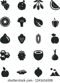 Solid Black Vector Icon Set - slices of onion vector, strawberry, apple, orange slice, honeycombs, peach, grape, fig, medlar, blackberry, goji berry, sweet date fruit, half kiwi, coconut, broccoli