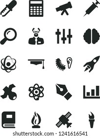 Solid Black Vector Icon Set - telescope vector, atom, zoom, brain, settings, satellite, bactery, book, pipette, flame, scientist, graduate hat, calculator, growth graph, rocket, syringe, ink pen