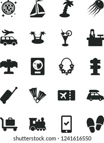 Solid Black Vector Icon Set - train vector, car baggage, sail boat, passport, plane ticket, phone registration, rolling case, palm tree, hawaii wreath, cocktail, disco ball, restaurant, flippers