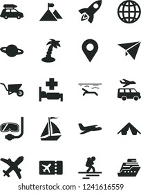 Solid Black Vector Icon Set - building trolley vector, earth, planet, location, mountain flag, paper plane, rocket, car baggage, sail boat, backpacker, ticket, tent, beach, palm tree, hospital bed