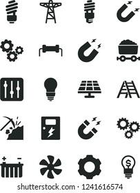 Solid Black Vector Icon Set - ladder vector, saving light bulb, dangers, regulator, marine propeller, solar panel, coal mining, battery, power pole, energy, magnet, trolley with, gears, three, idea
