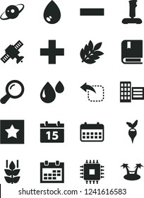 Solid Black Vector Icon Set - calendar vector, plus, minus, e, city block, drop, move left, mint, radish, cpu, joystick, zoom, satellite, saturn, biology, star, palm hammok