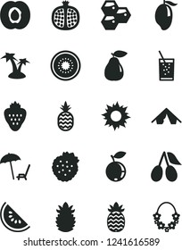 Solid Black Vector Icon Set - a glass of soda vector, strawberry, strawberries, pineapple, honeycombs, half apricot, pomegranate, pear, cornels, blueberry, slice water melon, mango, kiwi, ripe, tent