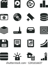 Solid Black Vector Icon Set - floppy disk vector, add bookmark, bar chart, archive, estimate, CD, big data, pile, drawer, processor, statistical report, hdd, router, network, browser, sd card