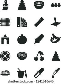 Solid Black Vector Icon Set - yardstick vector, stacking rings, toy, children's sand set, small yule, box of bricks, color samples, plastic brush, bundle eggs, onion, cherry, pomegranate, kiwi