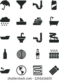 Solid Black Vector Icon Set - children's bathroom vector, bath, rainy cloud, washbasin, siphon, sewerage, heating coil, umbrella, soda can, bottle of, water melon, planet Earth, cast iron radiator