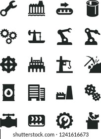 Solid Black Vector Icon Set - buildings vector, gear, oil derrick, coal mining, valve, hydroelectricity, thermal power plant, industrial factory, gears, conveyor, production, tower crane, pipes