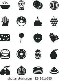 Solid Black Vector Icon Set - piece of cheese vector, big burger, birthday cake, glazed with a hole, hot porridge, Chupa Chups, fried potato slices, cup popcorn, biscuit, pancakes, half pomegranate