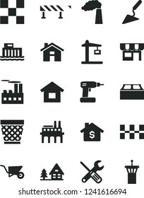 Solid Black Vector Icon Set - house vector, wicker pot, dwelling, building trolley, trowel, small tools, cordless drill, tile, ceramic tiles, block, road fence, kiosk, manufacture, industrial