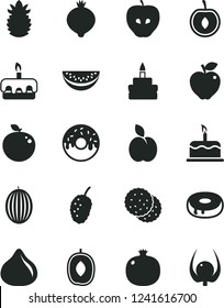 Solid Black Vector Icon Set - cake vector, torte, birthday, with a hole, glazed, apple, biscuit, pomegranate, red, tasty, fig, medlar, mulberry, melon, delicious plum, water slice, half cherry