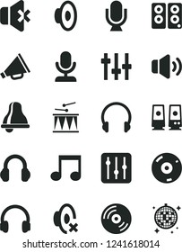 Solid Black Vector Icon Set - bell vector, horn, loudspeaker, silent mode, drumroll, headphones, microphone, CD, regulator, volume, no sound, pc speaker, note, settings, disco ball