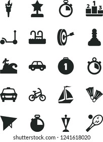 Solid Black Vector Icon Set - stopwatch vector, motor vehicle, Kick scooter, timer, car, pedestal, flame torch, pawn, star reward, pennant, purpose, first place medal, sail boat, hang glider, bike