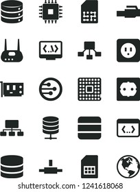 Solid Black Vector Icon Set - power socket type b vector, f, big data, server, processor, SIM card, scheme, hierarchical, cpu, pc, router, network, connect, coding, lan connector, earth
