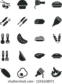 Solid Black Vector Icon Set - plastic fork spoons vector, iron, sausage, fried vegetables on sticks, onion, spaghetti, noodles, cake, pie, apple, grill chicken leg, chop, barbecue, meat skewers, egg