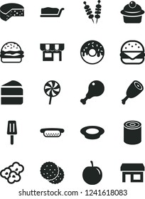 Solid Black Vector Icon Set - kiosk vector, cheese, tin, fried vegetables on sticks, mini hot dog, big burger, muffin, piece of cake, slice, glazed with a hole, plate milk, chicken leg, thigh, stall