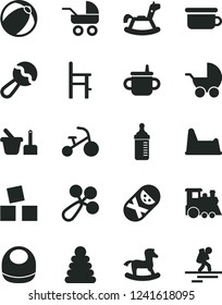 Solid Black Vector Icon Set - mug for feeding vector, measuring bottle, baby bib, beanbag, rattle, stroller, carriage, bath ball, stacking rings, tumbler, toy sand set, children's potty, chair, a
