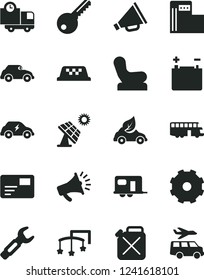 Solid Black Vector Icon Set - truck lorry vector, horn, toys over the cot, Baby chair, key, pass card, delivery, big solar panel, modern gas station, accumulator, canister, eco car, retro, camper