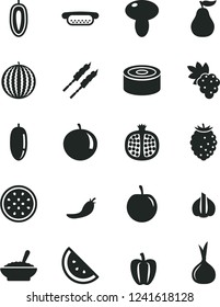 Solid Black Vector Icon Set - canned goods vector, mini hot dog, mushroom, a bowl of buckwheat porridge, barbecue, orange slice, half pomegranate, grape, tasty raspberry, water melon, date fruit