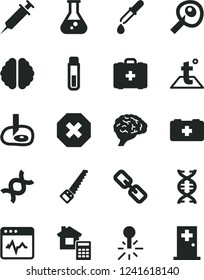 Solid Black Vector Icon Set - mark of injury vector, spectacles, bag a paramedic, medical, arm saw, estimate, temperature, cardiogram, mercury thermometer, flask, test tube, dna, brain, pipette