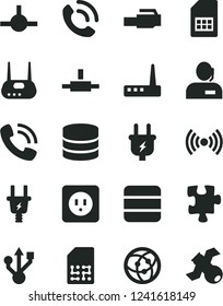 Solid Black Vector Icon Set - Puzzle vector, power socket type b, phone call, plug, electric, SIM card, dispatcher, usb, router, network, connect, lan connector, wireless, big data, satellite