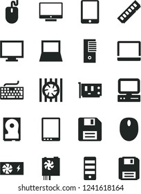 Solid Black Vector Icon Set - floppy disk vector, monitor, keyboard, screen, computer, tablet pc, notebook, radiator fan, mouse, power supply, tower, memory, card, hdd