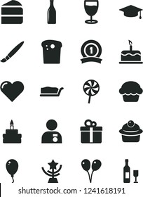 Solid Black Vector Icon Set - tassel vector, colored air balloons, balloon, heart, gift, cake, Easter, muffin, piece of, slice, birthday, lollipop, glass, bottle, star cup, man with medal, graduate