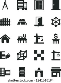 Solid Black Vector Icon Set - box of bricks vector, house, window, ntrance door, interroom, buildings, city block, tile, hedge, paving slab, industrial enterprise, tower crane, Construction, 3d cube
