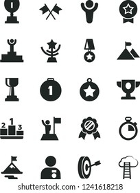 Solid Black Vector Icon Set - stopwatch vector, pedestal, winner, podium, prize, award, gold cup, star, man with medal, flag, motivation, mountain, purpose, first place, cross flags, cloud ladder