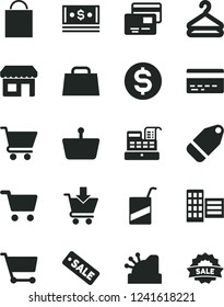 Solid Black Vector Icon Set - paper bag vector, bank card, e, city block, cart, put in, cards, hanger, label, kiosk, shopping, basket, dollar, cash, hand, machine, cashbox, season sale