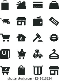 Solid Black Vector Icon Set - paper bag vector, bank card, hammer of a judge, motor vehicle present, building trolley, put in cart, crossed, with handles, hanger, kiosk, shopping, wallet, hand