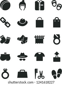 Solid Black Vector Icon Set - paper bag vector, spectacles, hat, with glasses, bath ball, accessories for a hairstyle, warm socks, Knitted, shoes little children, winter, T shirt, folded, purse