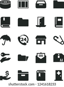 Solid Black Vector Icon Set - folder vector, book, open pin, e, window frame, received letter, umbrella, drawer, cardboard box, 24, canned goods, kiosk, get a wage, arm with key, exit door