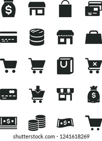 Solid Black Vector Icon Set - paper bag vector, bank card, cart, put in, crossed, with handles, cards, kiosk, coins, stall, shopping, front of the, column, money, dollars, cash, dollar, hand
