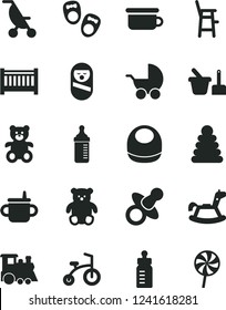 Solid Black Vector Icon Set - baby cot vector, dummy, mug for feeding, bottle, measuring, bib, stroller, summer, stacking rings, roly poly doll, toy sand set, children's potty, a chair child, small