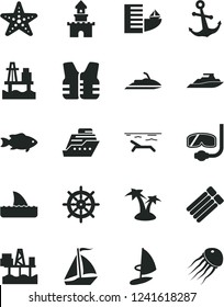 Solid Black Vector Icon Set - anchor vector, fish, sea port, commercial seaport, sand castle, sail boat, hotel, beach, palm tree, starfish, diving mask, handwheel, life vest, jet ski, cruiser, yacht