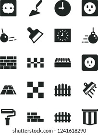 Solid Black Vector Icon Set - paint roller vector, brickwork, brick wall, big core, building trowel, power socket type b, f, tile, ceramic tiles, putty knife, spatula, fence, hedge, paving slab