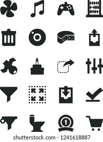 Solid Black Vector Icon Set - camera vector, upload archive data, download, abacus, comfortable toilet, dust bin, music, size, move right, cheese, birthday cake, fan screw, filter, water, joystick