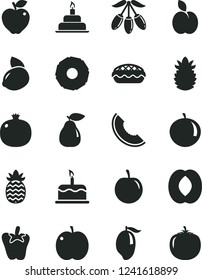 Solid Black Vector Icon Set - birthday cake vector, apple pie, peper, pomegranate, pear, red, slice of melon, mango, goji berry, half peach, tangerine, tasty plum, yellow lemon, ripe pineapple