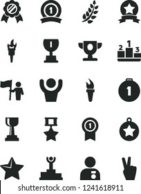 Solid Black Vector Icon Set - star vector, pedestal, flame torch, laurel branch, winner podium, prize, award, gold cup, man with medal, hold flag, first place, pennant, ribbon, hero, hands up