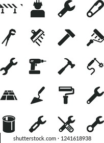 Solid Black Vector Icon Set - paint roller vector, repair key, safety pin, building trowel, small tools, adjustable wrench, cordless drill, spatula, paving slab, road fence, hammer, with claw, pipes