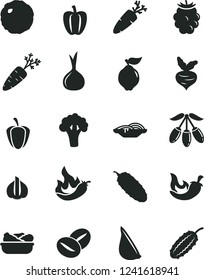 Solid Black Vector Icon Set - slices of onion vector, lettuce in a plate, cabbage, cucumber, chili, garlic, carrot, coffee beans, quince, blackberry, goji berry, Bell pepper, ripe, hot, beet