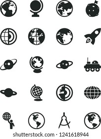 Solid Black Vector Icon Set - sign of the planet vector, globe, Earth, scribed compasses, core, saturn, lunar rover, man hold world, flag on moon, rocket