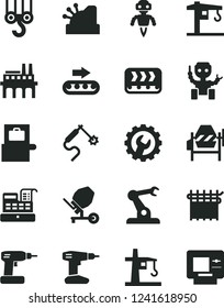 Solid Black Vector Icon Set - crane vector, winch hook, concrete mixer, cordless drill, gear, industrial enterprise, conveyor, production, cloth industry, tower, gas welding, assembly robot, cashbox