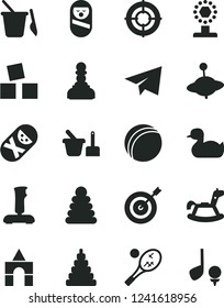 Solid Black Vector Icon Set - paper airplane vector, rubber duck, bath ball, stacking rings, toy, roly poly doll, tumbler, sand set, children's, yule, rocking horse, cubes for children, joystick