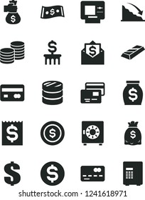 Solid Black Vector Icon Set - dollar vector, strongbox, cards, coins, reverse side of a bank card, front the, column, recession, financial item, money, dollars, gold bar, bag hand, coin, mail, atm
