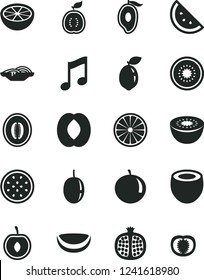 Solid Black Vector Icon Set - music vector, slices of onion, orange slice, half pomegranate, mango, peach, melon, tangerine, cherry, passion fruit, kiwi, sour lime, guawa, piece coconut, grapefruit