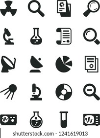Solid Black Vector Icon Set - magnifier vector, zoom out, artificial satellite, round flask, radiation, dish, antenna, ring diagram, pie charts, statistical research, article, scientific publication
