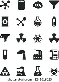 Solid Black Vector Icon Set - round flask vector, manufacture, factory, oil, barrel, industrial building, radiation, carbon dyoxide, filter, water, research article, test tube, molecule, nuclear